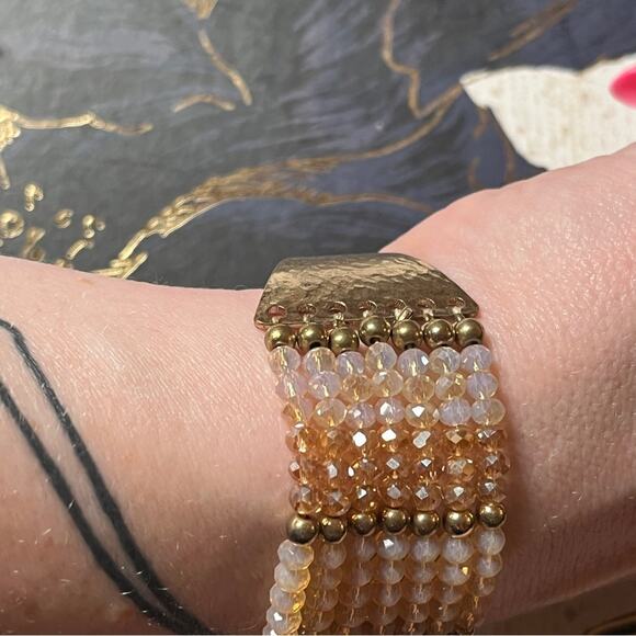 Estate Gold Metal and Gold White & Cream Sparkling Wide Beaded Bracelet D3 - Picture 7 of 12